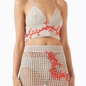 Crochet Crop Top with Coral Embroidery - Beige